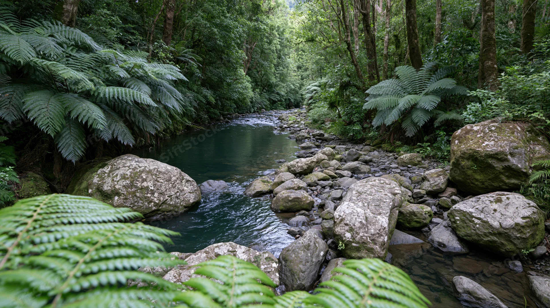 Shallow rocky stream winding through dense temperate rainforest with ferns and moss-covered boulders
