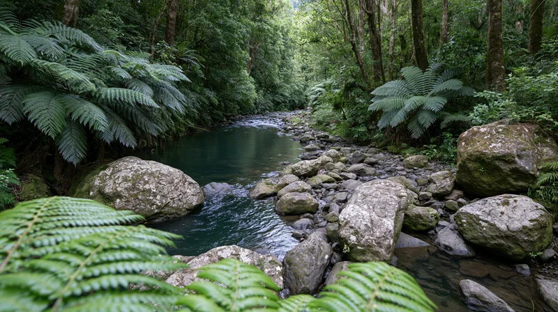 Shallow rocky stream winding through dense temperate rainforest with ferns and moss-covered boulders