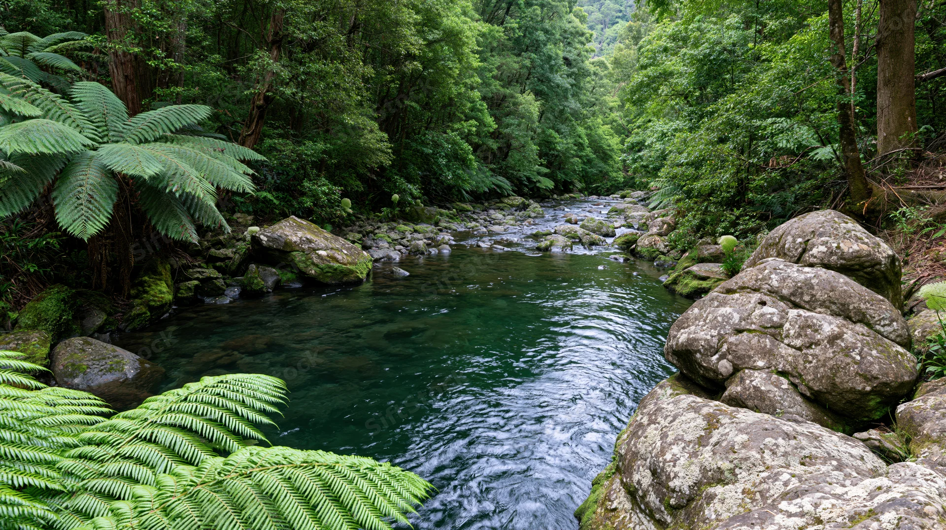 Shallow rocky stream winding through dense temperate rainforest with ferns and moss-covered rocks