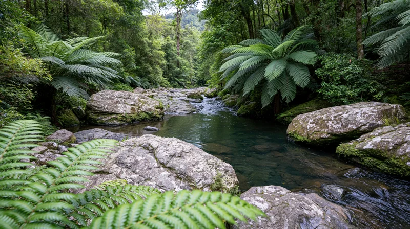 Shallow rocky stream winding through dense temperate rainforest with ferns and moss-covered rocks