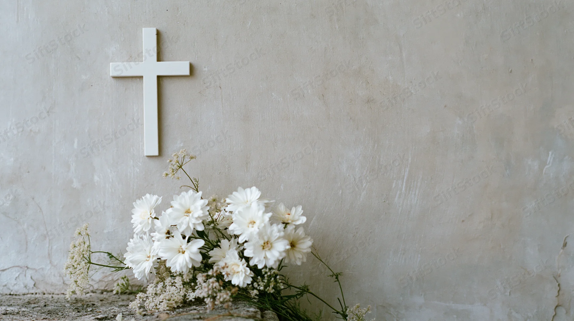 White christian cross on textured wall with white flowers arranged below