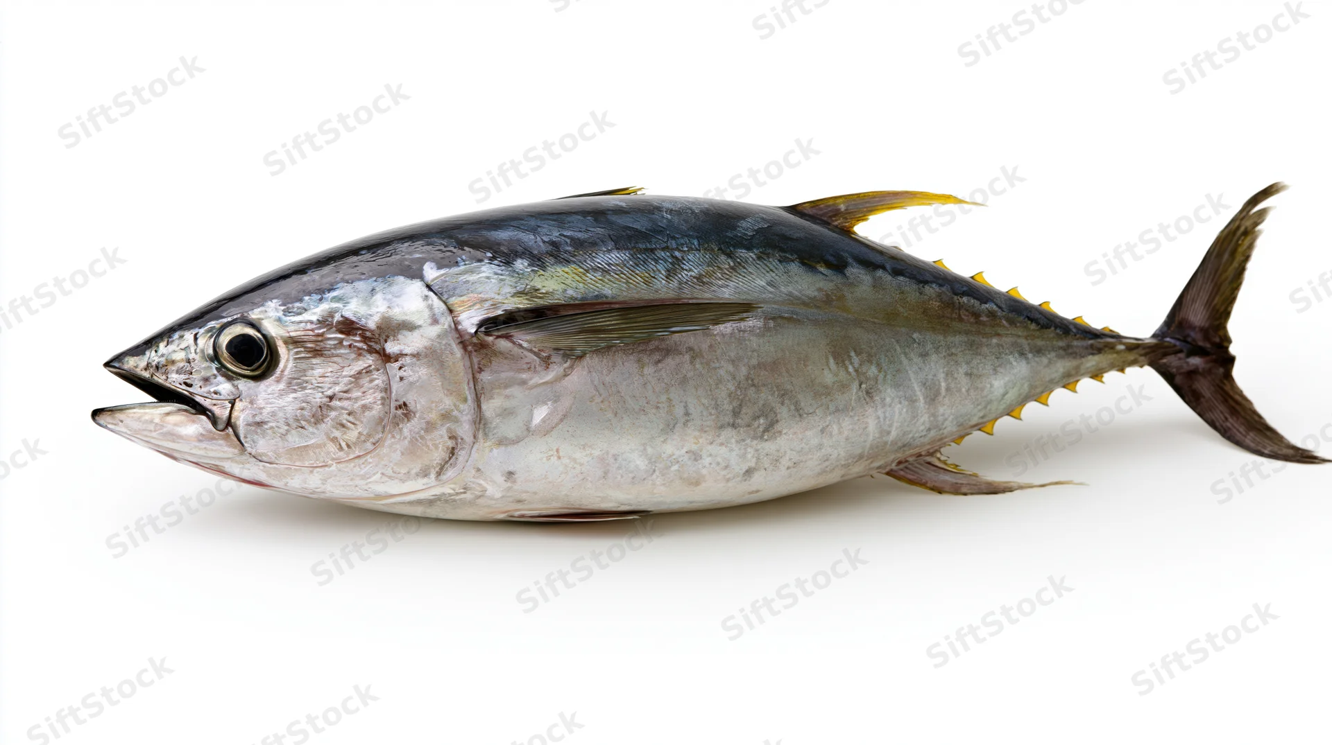Whole atlantic bluefin tuna in lateral profile on white background