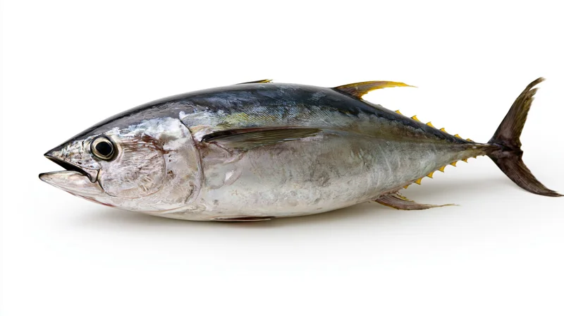 Whole atlantic bluefin tuna in lateral profile on white background
