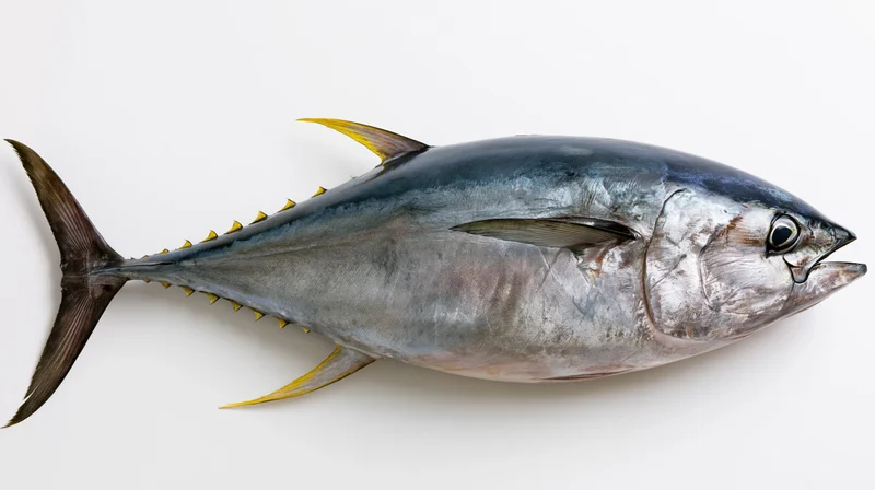 Whole atlantic bluefin tuna in lateral profile on white background