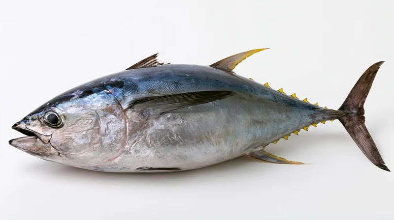 Whole atlantic bluefin tuna in lateral profile on white background