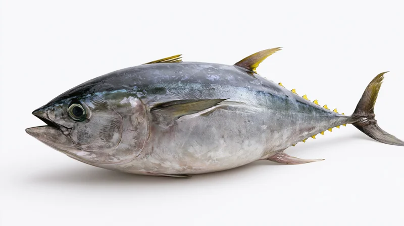 Whole atlantic bluefin tuna in lateral profile on white background
