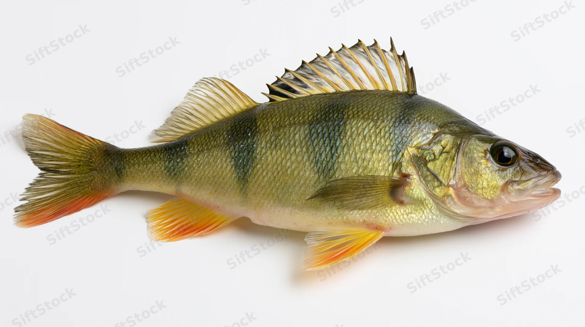 European perch fish in full lateral profile isolated on white background