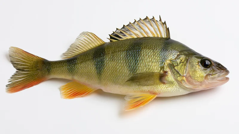 European perch fish in full lateral profile isolated on white background