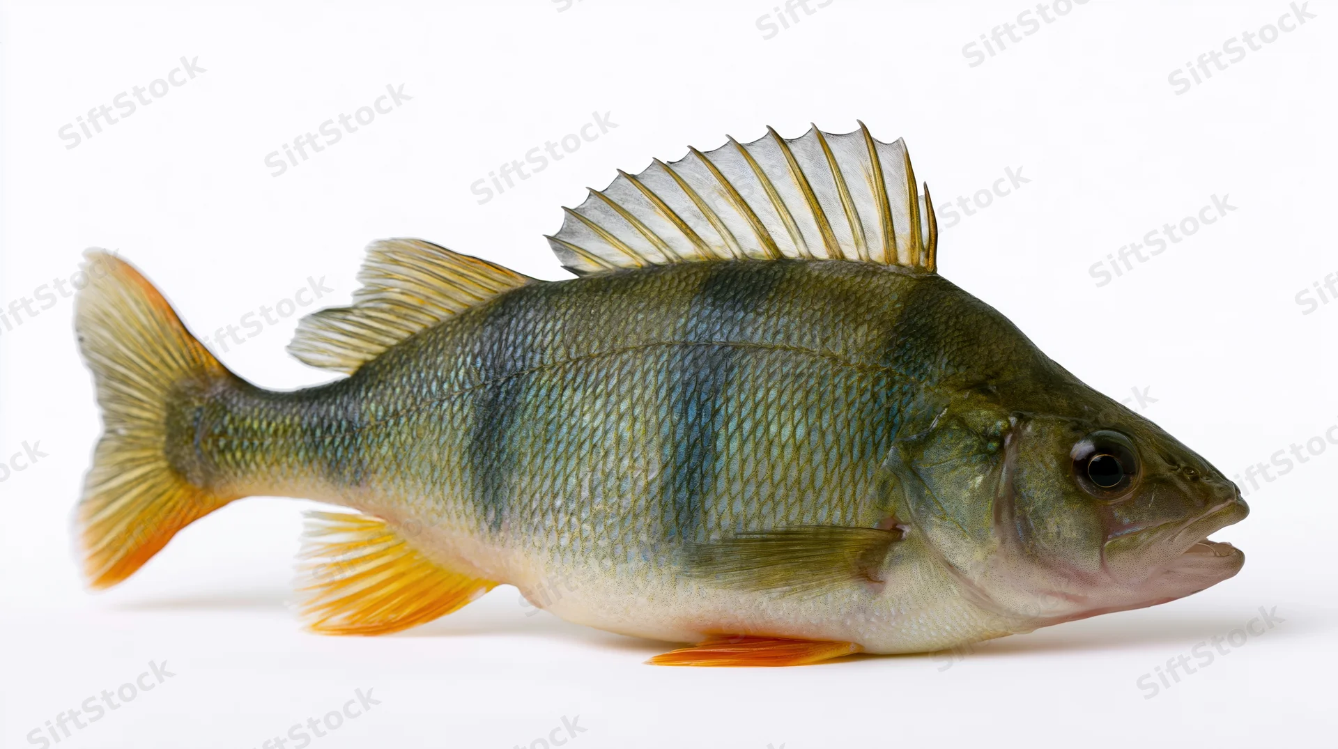 European perch fish in full lateral profile on white background