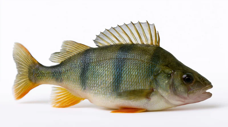 European perch fish in full lateral profile on white background