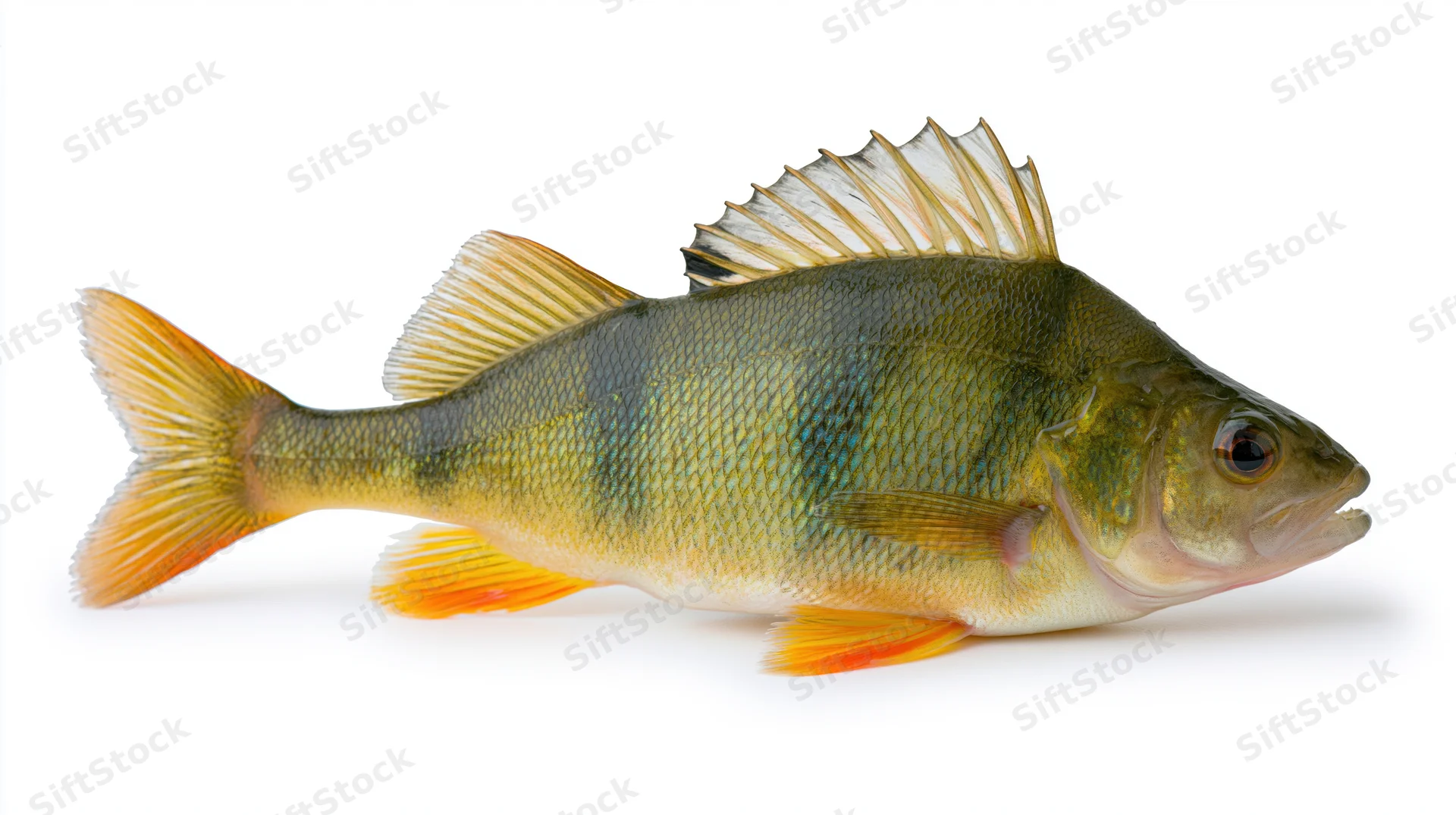 European perch fish in full lateral profile isolated on white background