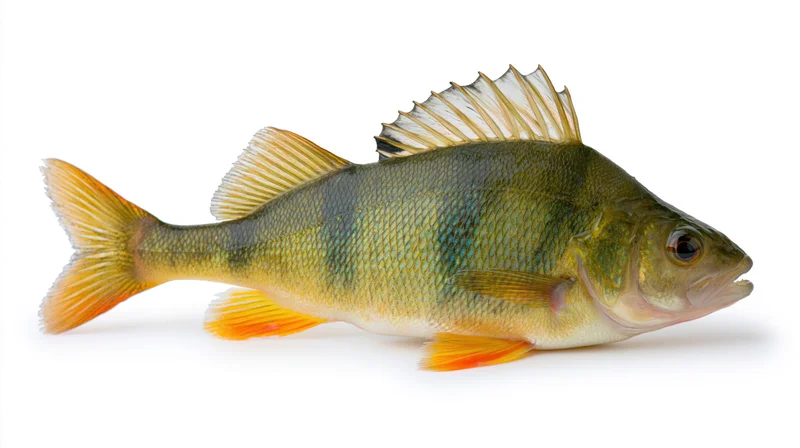 European perch fish in full lateral profile isolated on white background