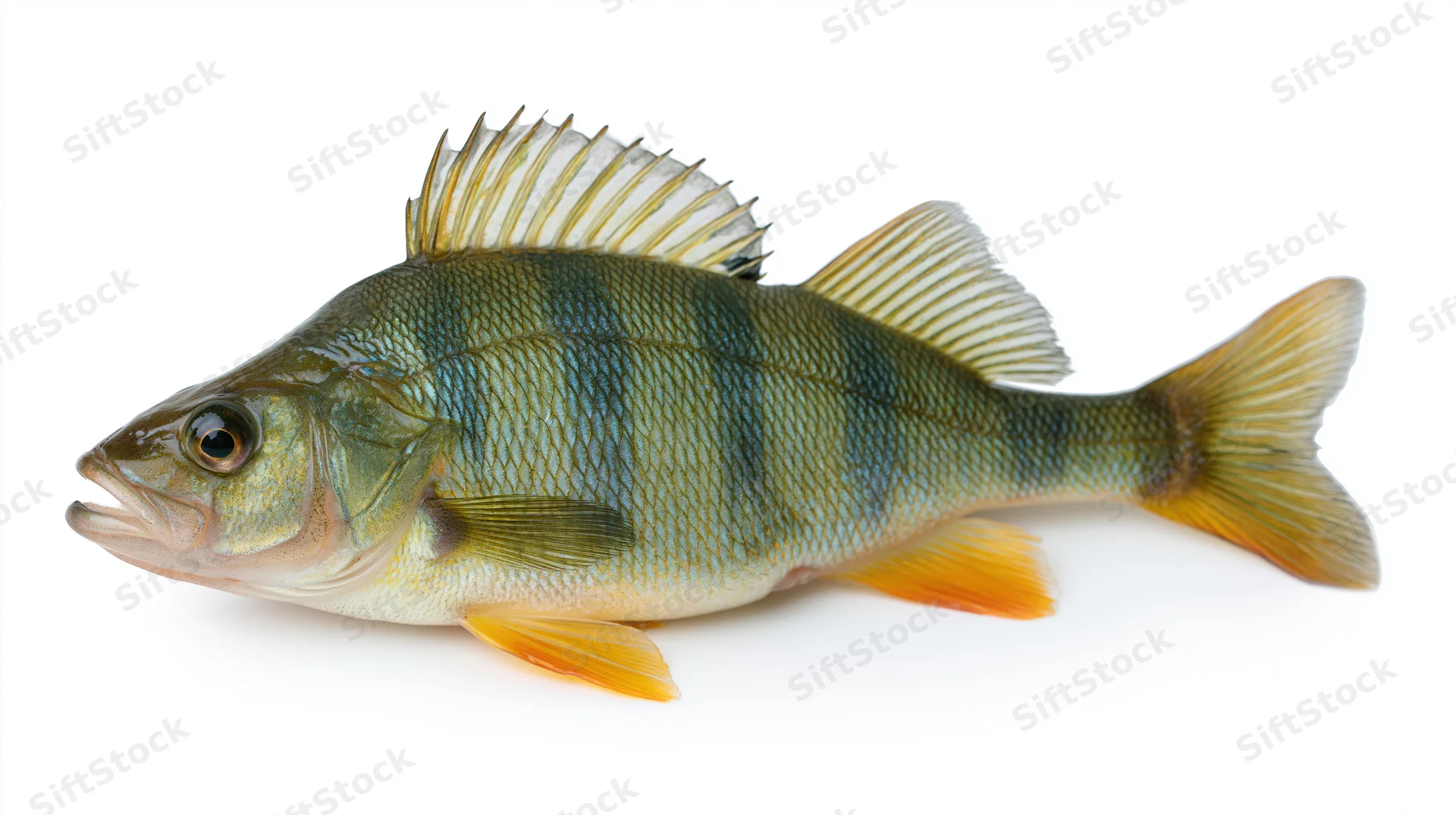 European perch fish in full lateral profile isolated on white background