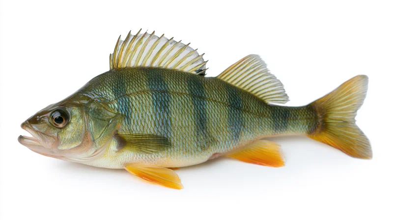 European perch fish in full lateral profile isolated on white background