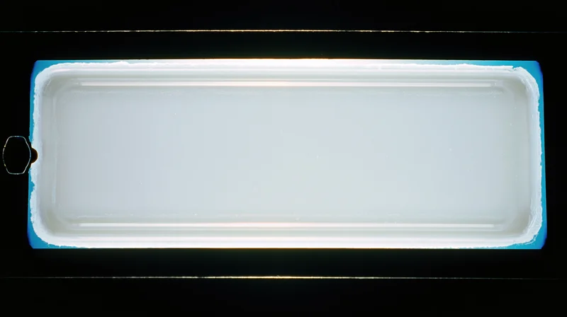 A blank 35mm film frame held up to a light source showing its translucent surface and blue border