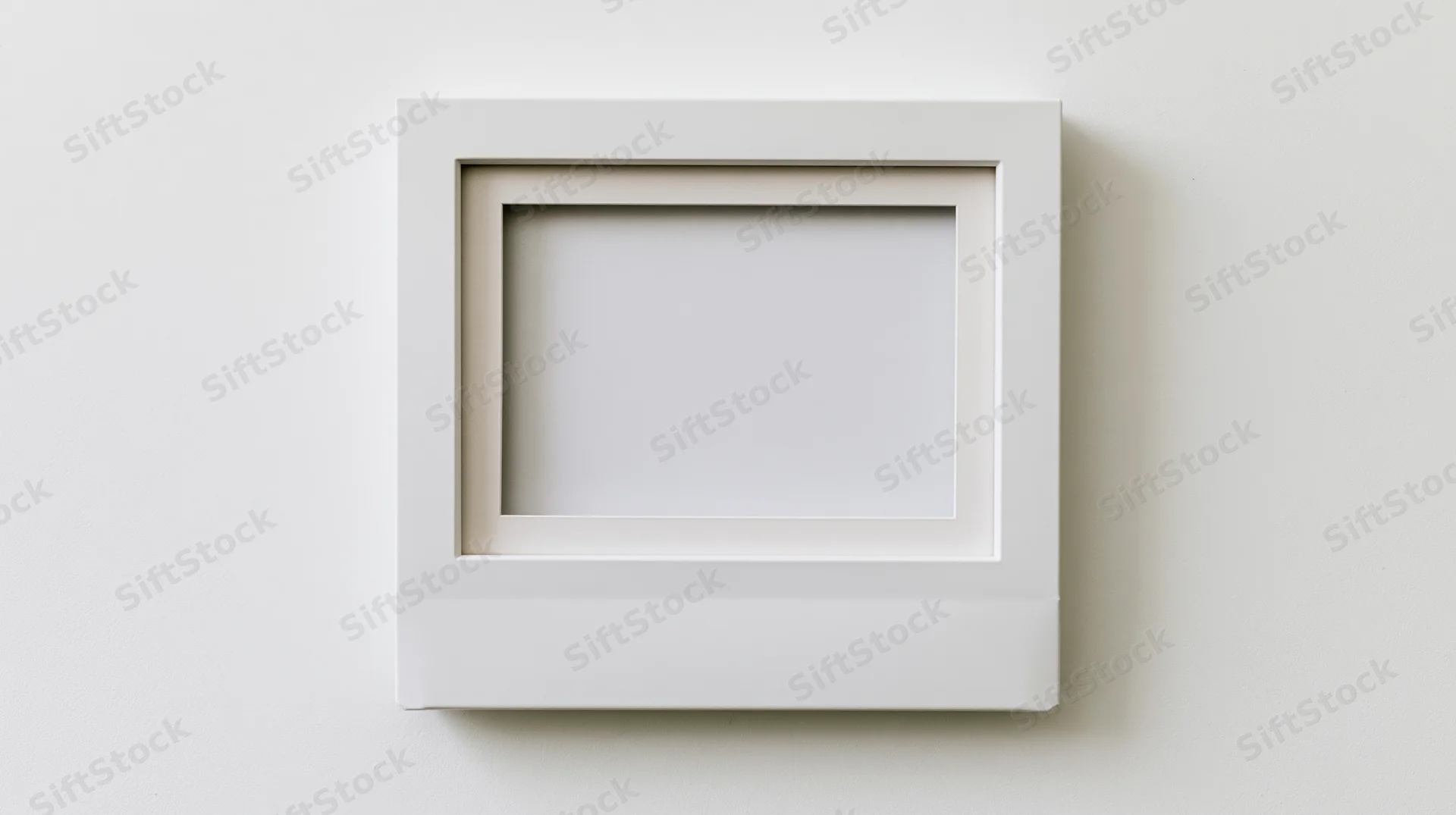 Blank white polaroid frame mounted on a plain wall with copyspace