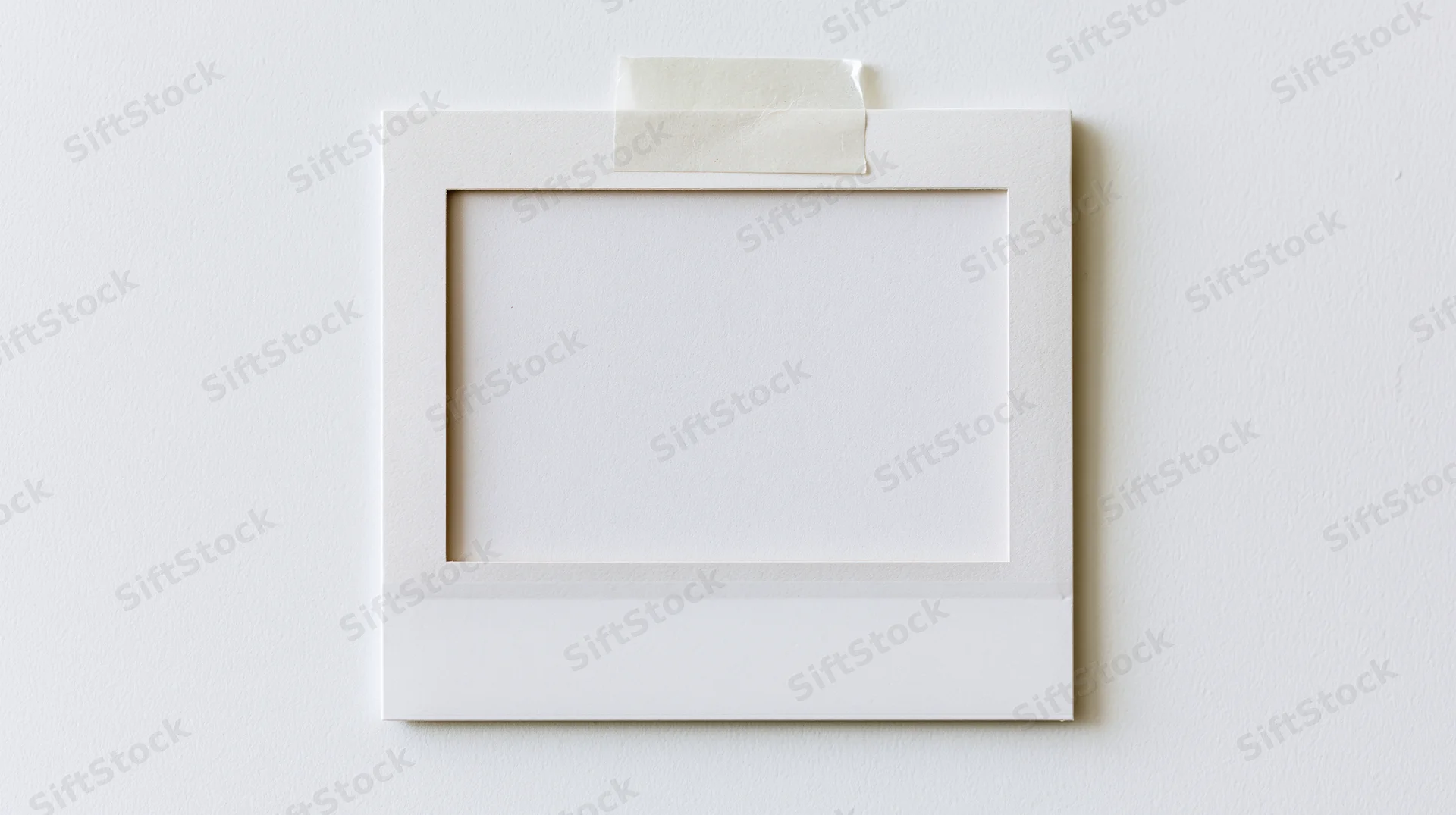 Blank white polaroid frame taped to a wall with adhesive tape, centered on a plain surface