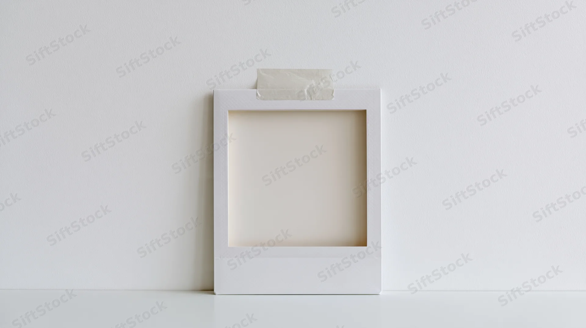 Blank white polaroid frame taped to a wall with copyspace for design