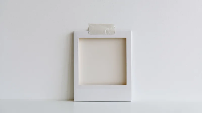 Blank white polaroid frame taped to a wall with copyspace for design