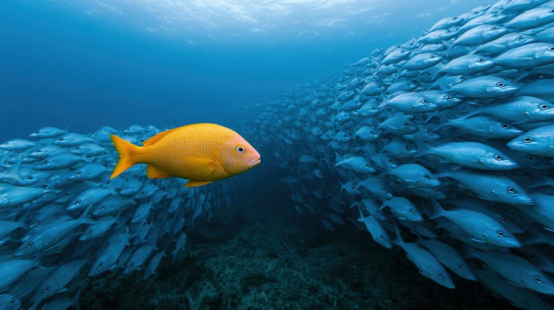 Bright yellow fish swimming through a large school of blue fish underwater near a coral reef