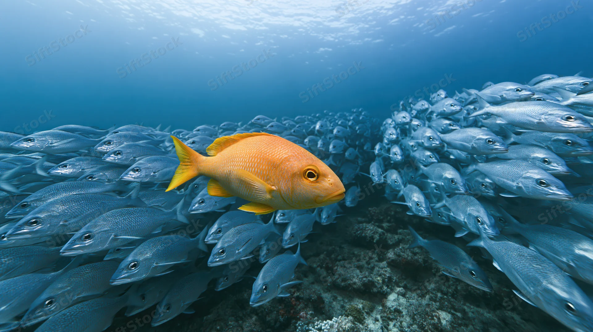Bright orange-yellow tropical fish swimming among a large school of silver fish near coral reef underwater