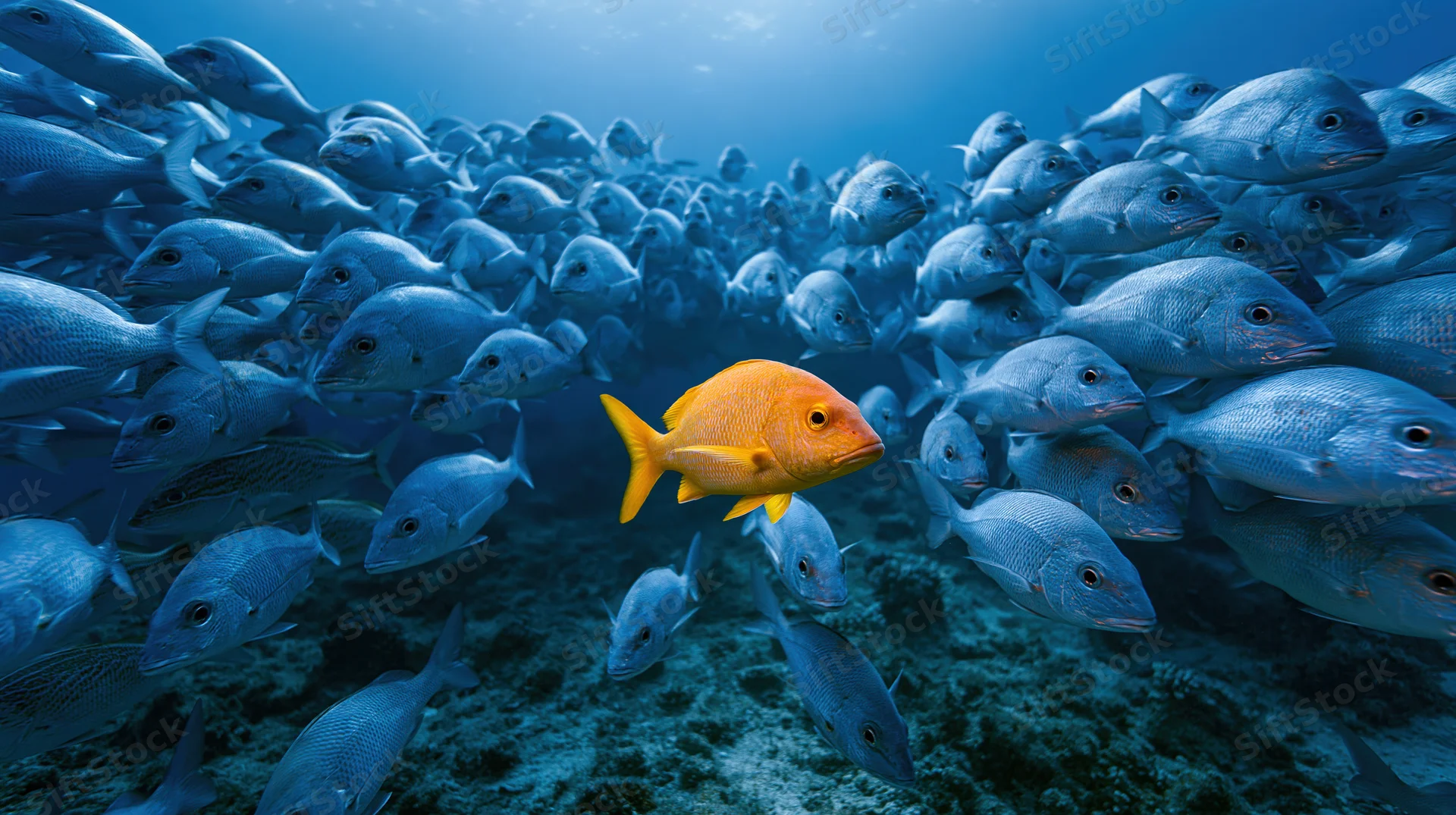 Bright orange-yellow tropical fish swimming among a large school of blue fish underwater near a coral reef