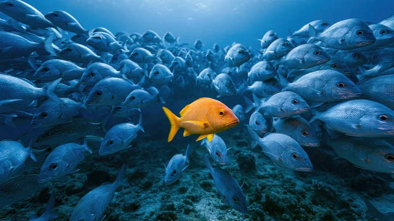 Bright orange-yellow tropical fish swimming among a large school of blue fish underwater near a coral reef