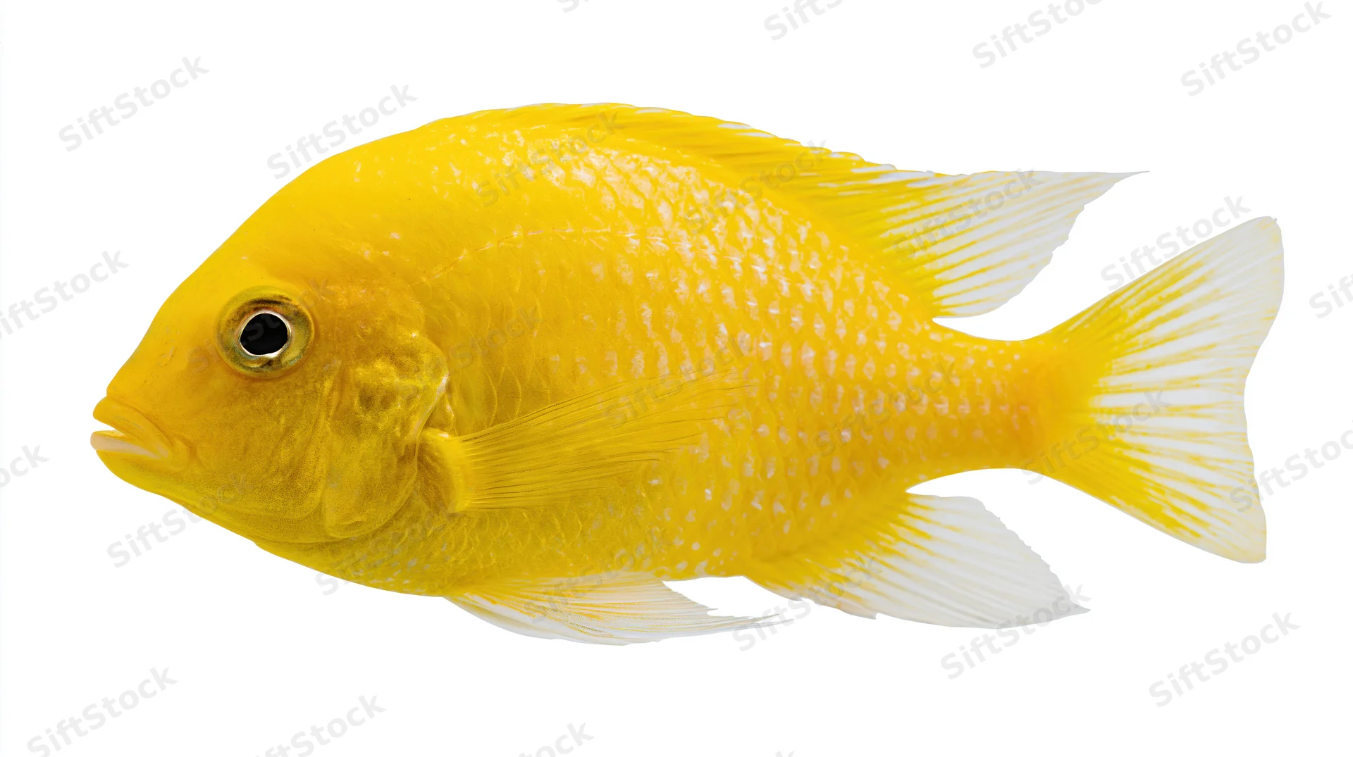 Bright yellow tropical fish in side profile isolated on white background