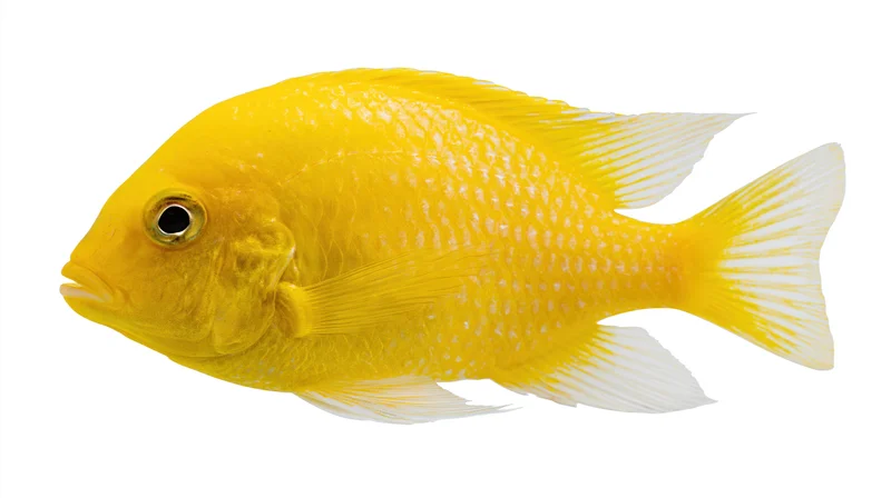 Bright yellow tropical fish in side profile isolated on white background