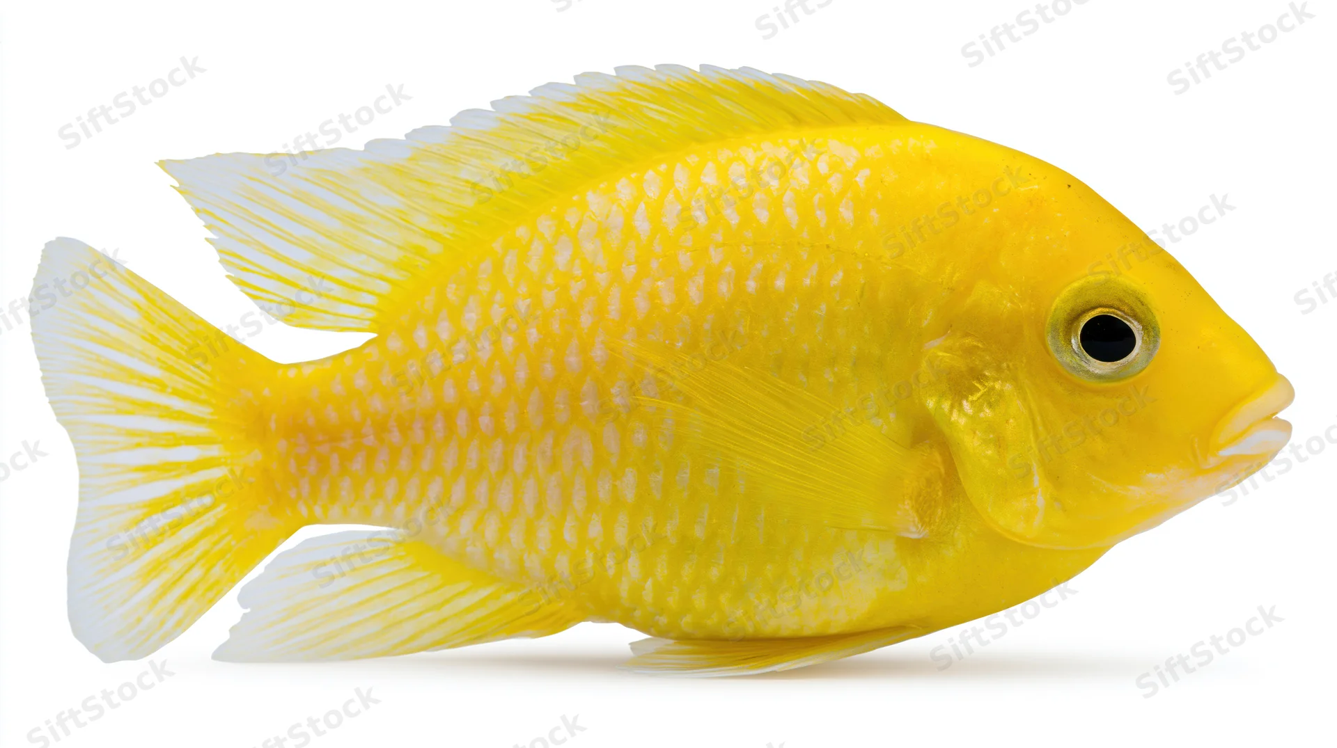 Bright yellow tropical fish in side profile isolated on white background
