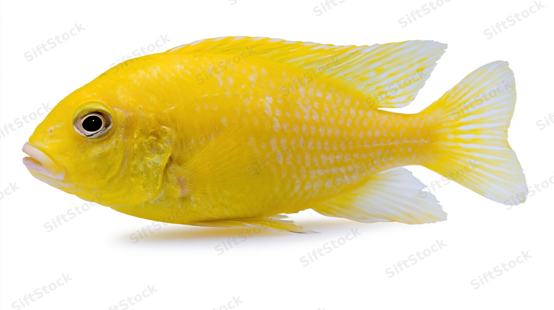 Bright yellow tropical fish in side profile isolated on white background