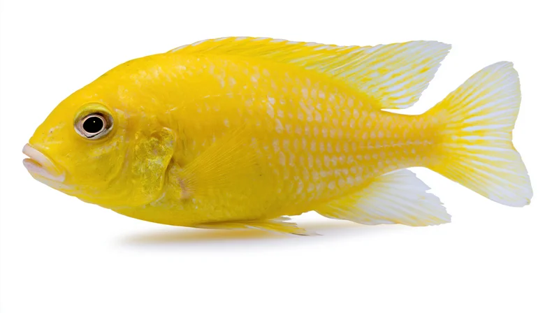 Bright yellow tropical fish in side profile isolated on white background