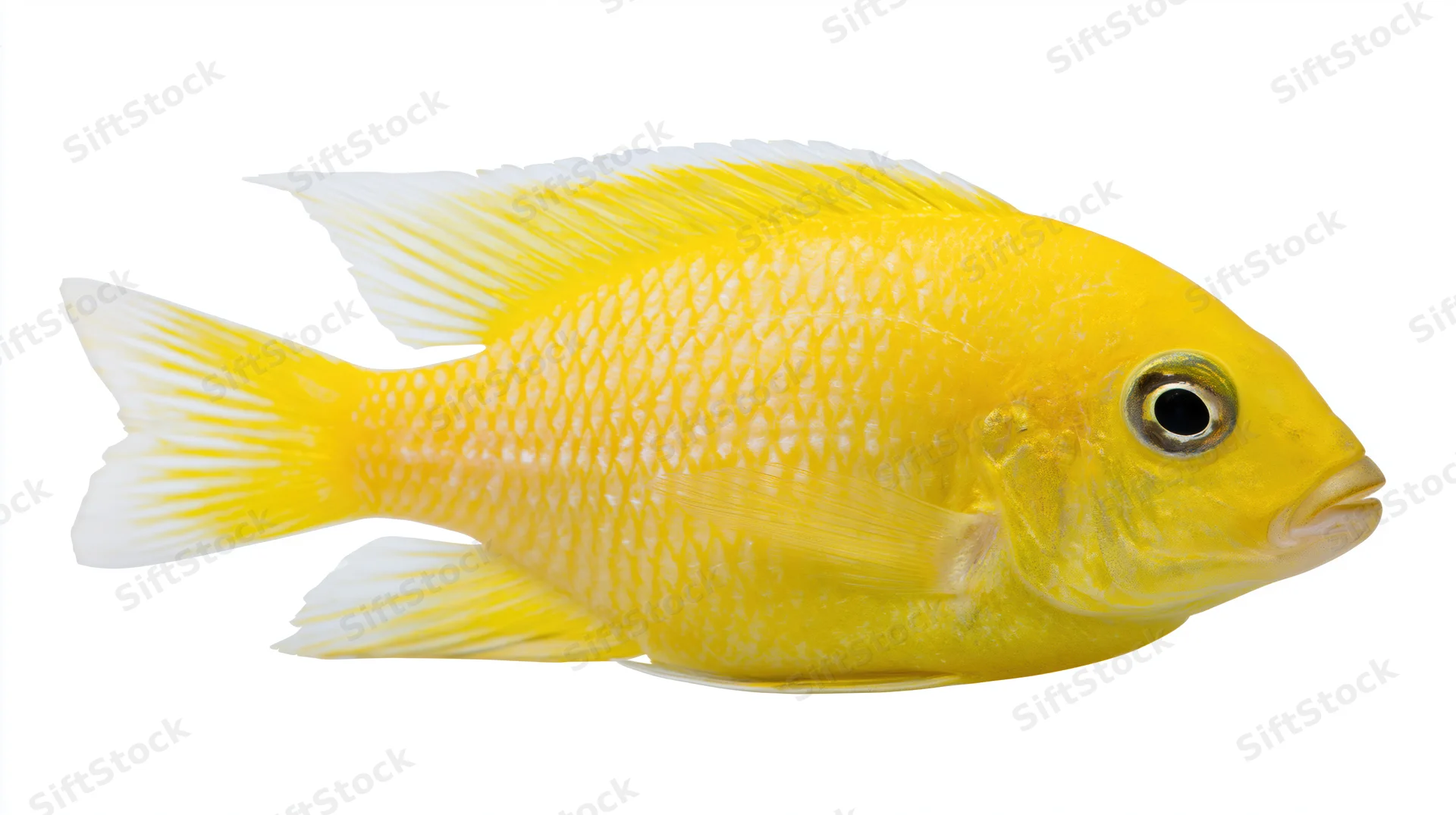 Bright yellow tropical fish viewed from the side against a white background