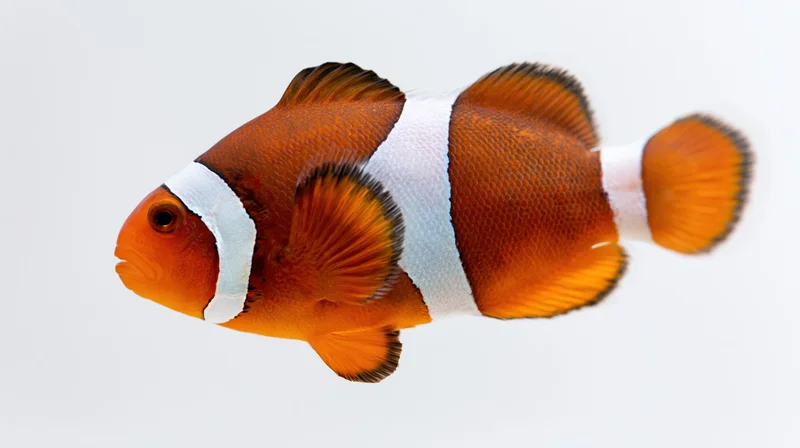 Clownfish swimming mid-water against a clean white background