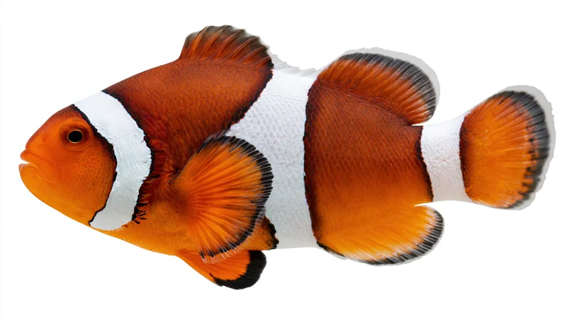 Clownfish swimming mid-water against a clean white background
