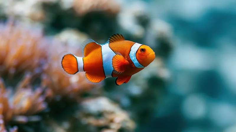 Clownfish swimming midwater above coral reef