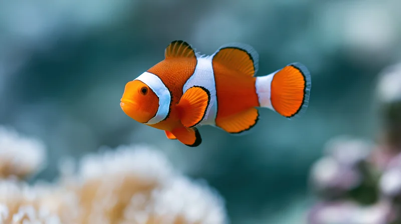 Clownfish swimming mid-water above coral reef