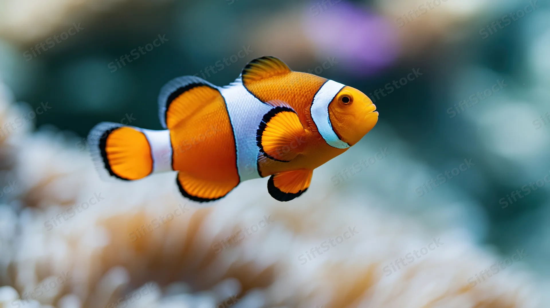 Clownfish swimming mid-water above a coral reef