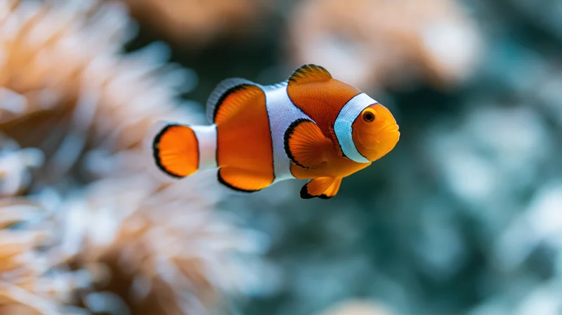 Clownfish swimming mid-water above a coral reef with anemone in the foreground