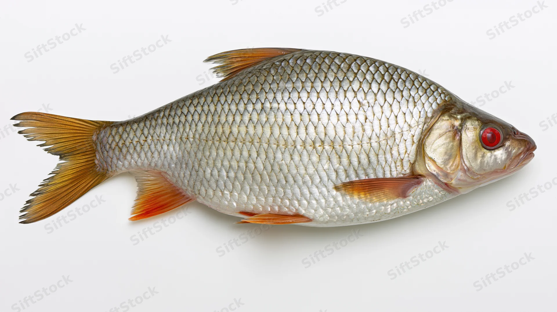 Common roach fish in full side profile isolated on white background