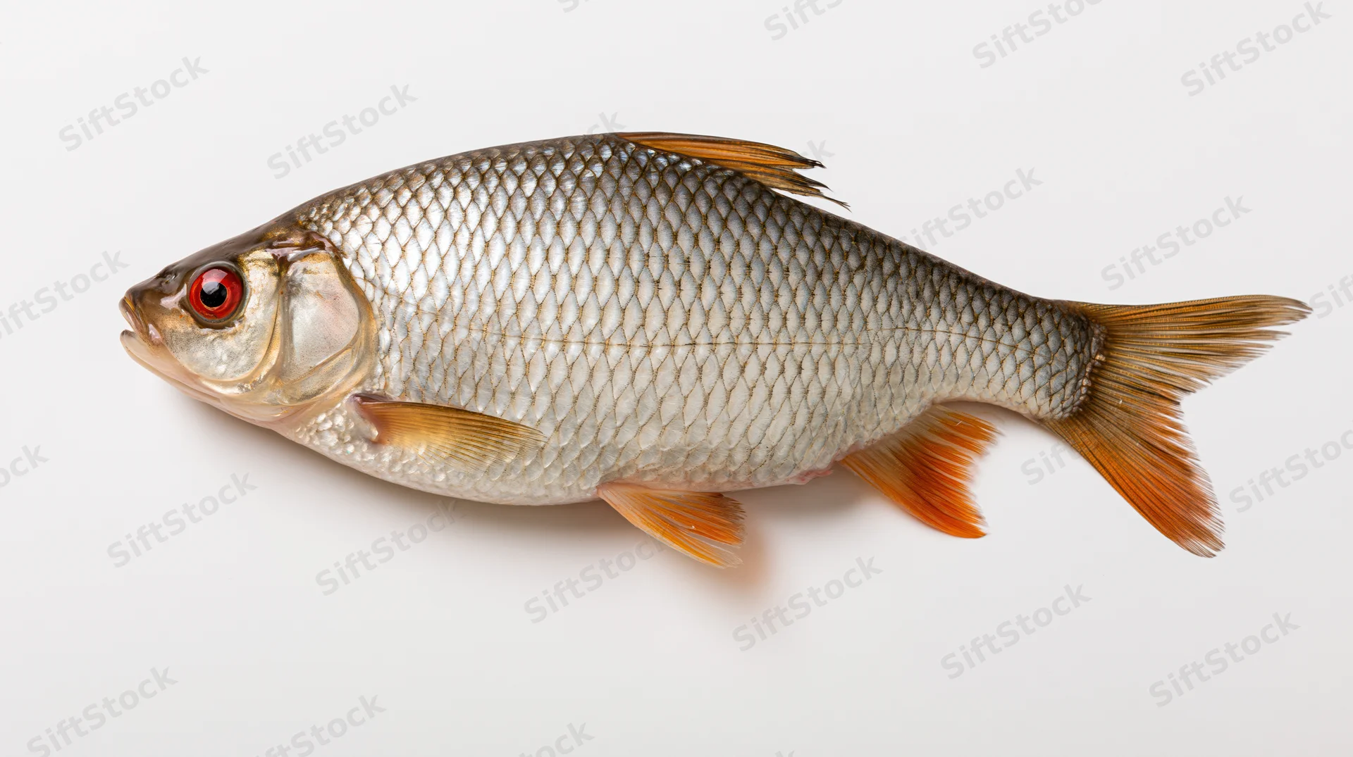 Common roach fish in side profile against white background