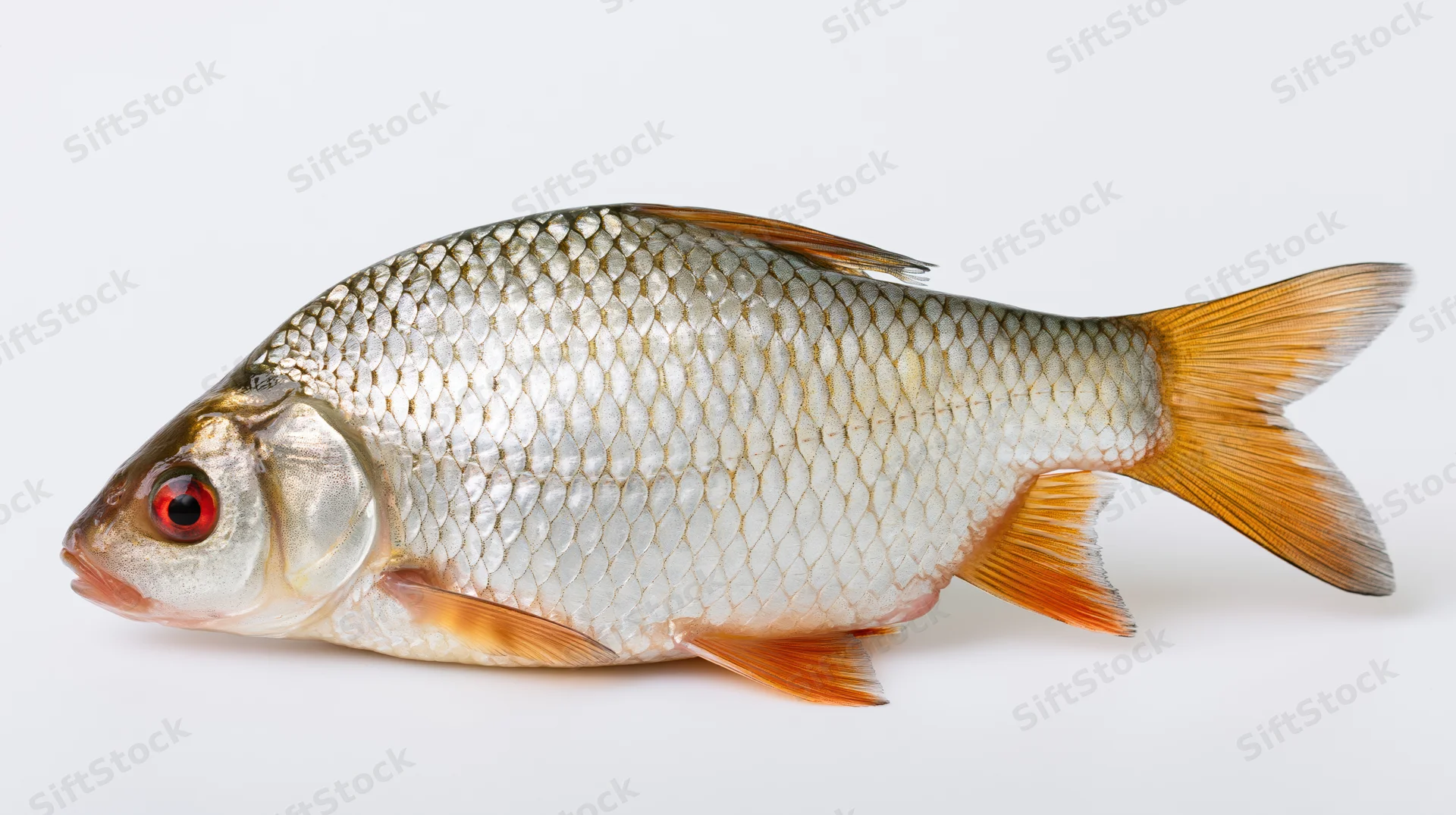 Common roach fish in side profile on white background