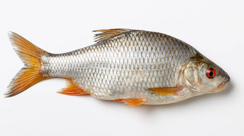 Common roach fish with silver scales and orange fins lying on white background