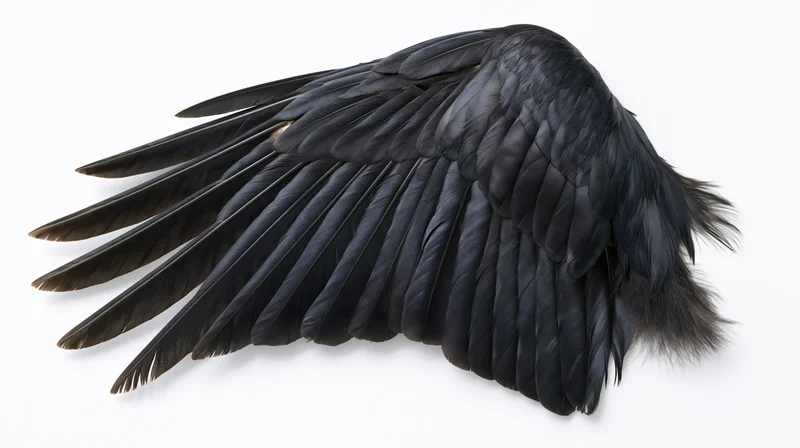 Dark bird wing specimen laid flat with feathers fanned out on white background