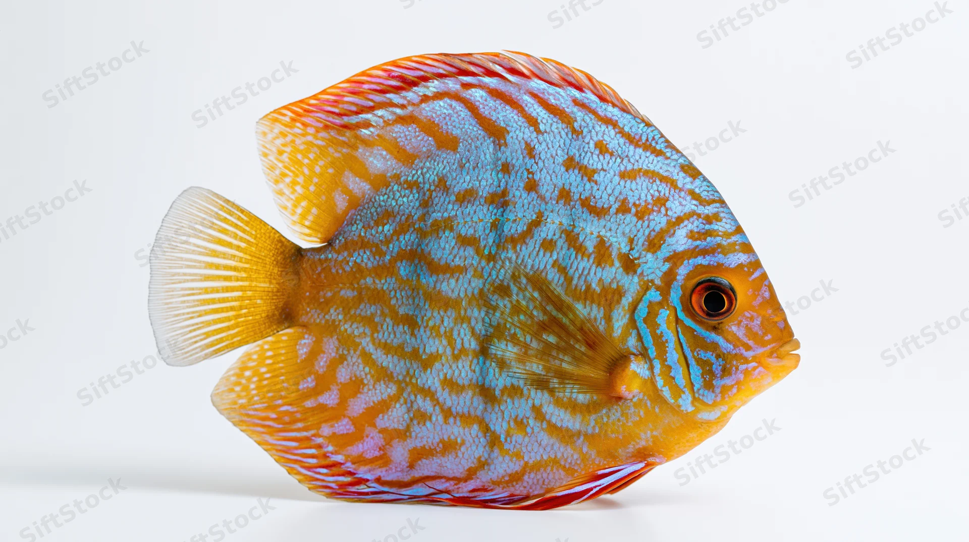 Discus fish in profile against a white background