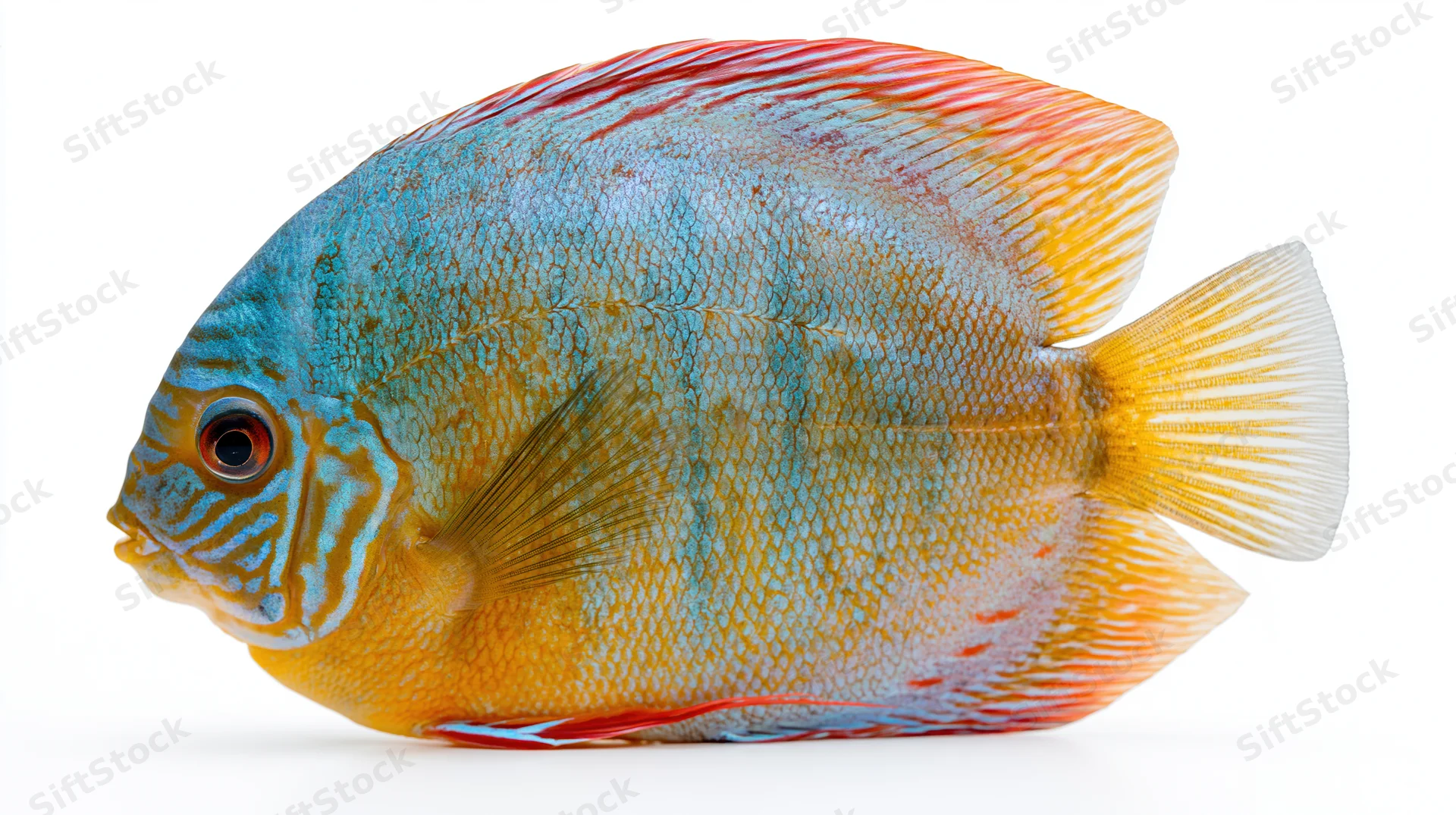 Discus fish in profile against a white background