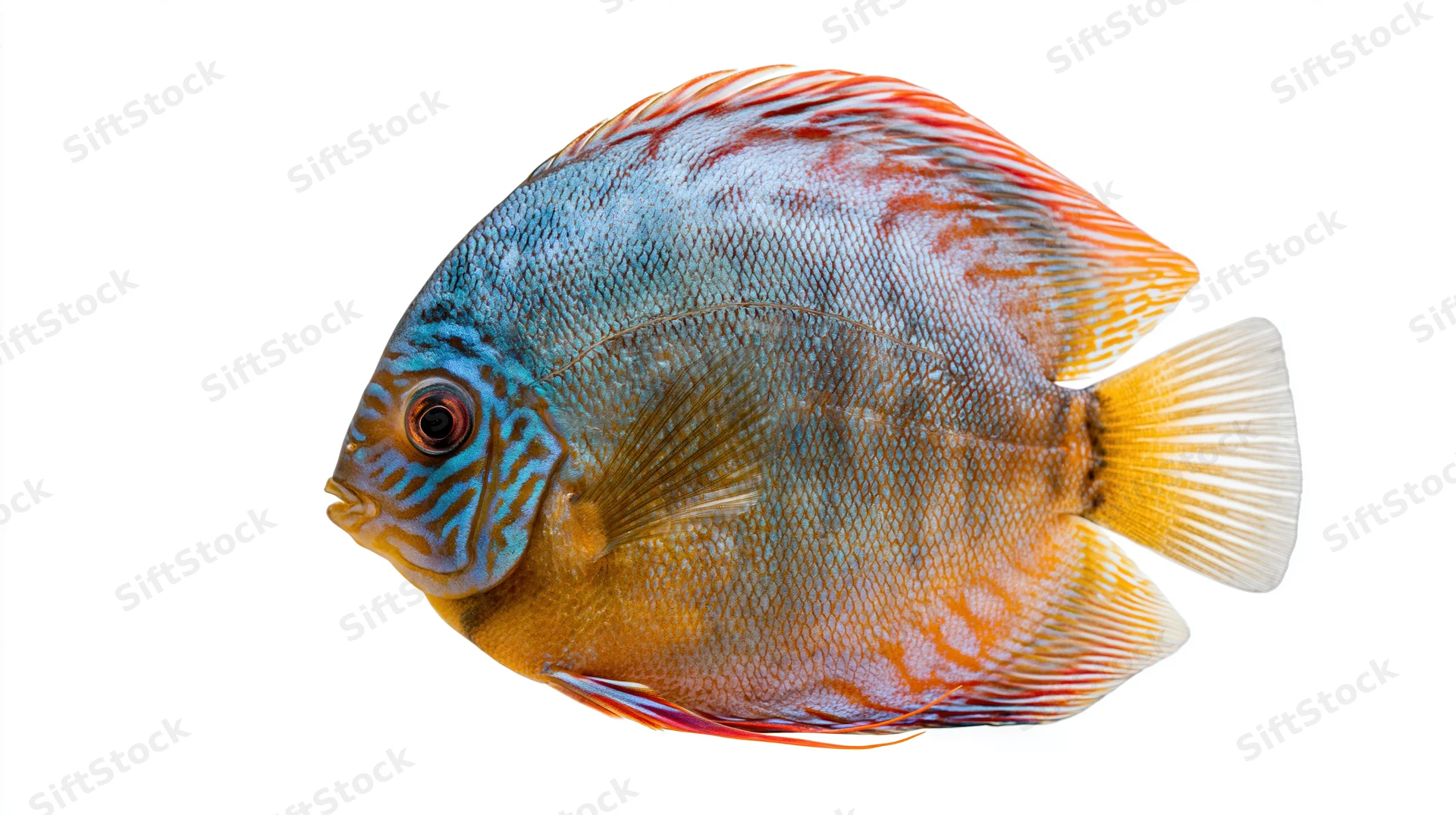 Discus fish in profile against a white background