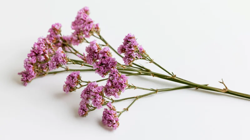 Dried statice wildflower stem with purple blooms arranged on white background