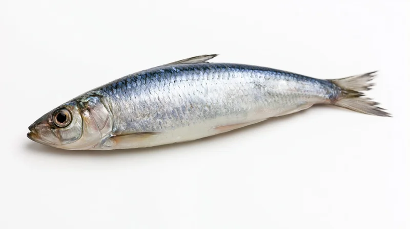 Fresh atlantic herring lying on its side on a white background