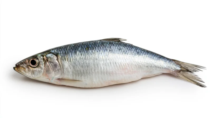 Fresh atlantic herring lying on its side on white background